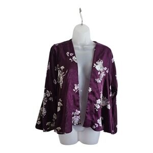 Torrid Satin Dainty Bouquets Floral Purple‎ Kimono Cardigan Blazer Size 00/0